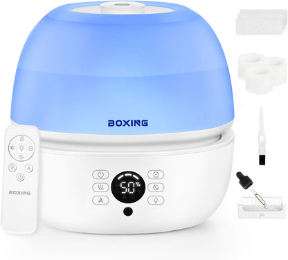 BOXING 3L Cool Mist Humidifier, Ultra Quiet 20dB for Bedroom, Baby & Office, Top Fill Air Humidifier for Home Office & Indoor Plants, 30H Runtime, Essential Oil Tray, Night Light, BPA-Free, White