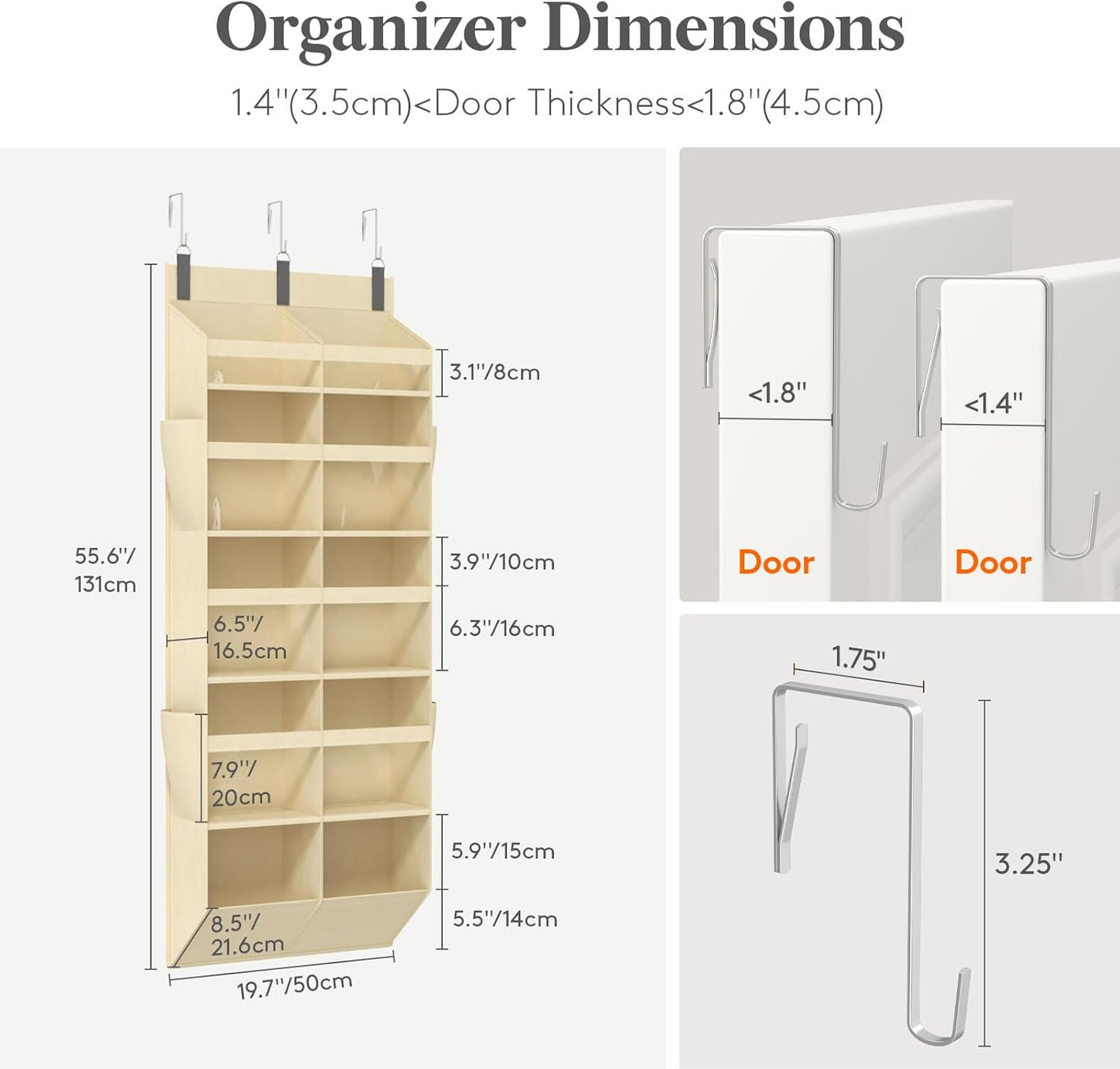 Lifewit 1 Pack Over the Door Organizer, 5 Section Clear Window Hanging Storage with 4 Side Pockets, Sturdy Anti Tilt 40 lbs Load Behind Door for Closet, Bedroom, Bathroom, Nursery, Dorm, Gray
