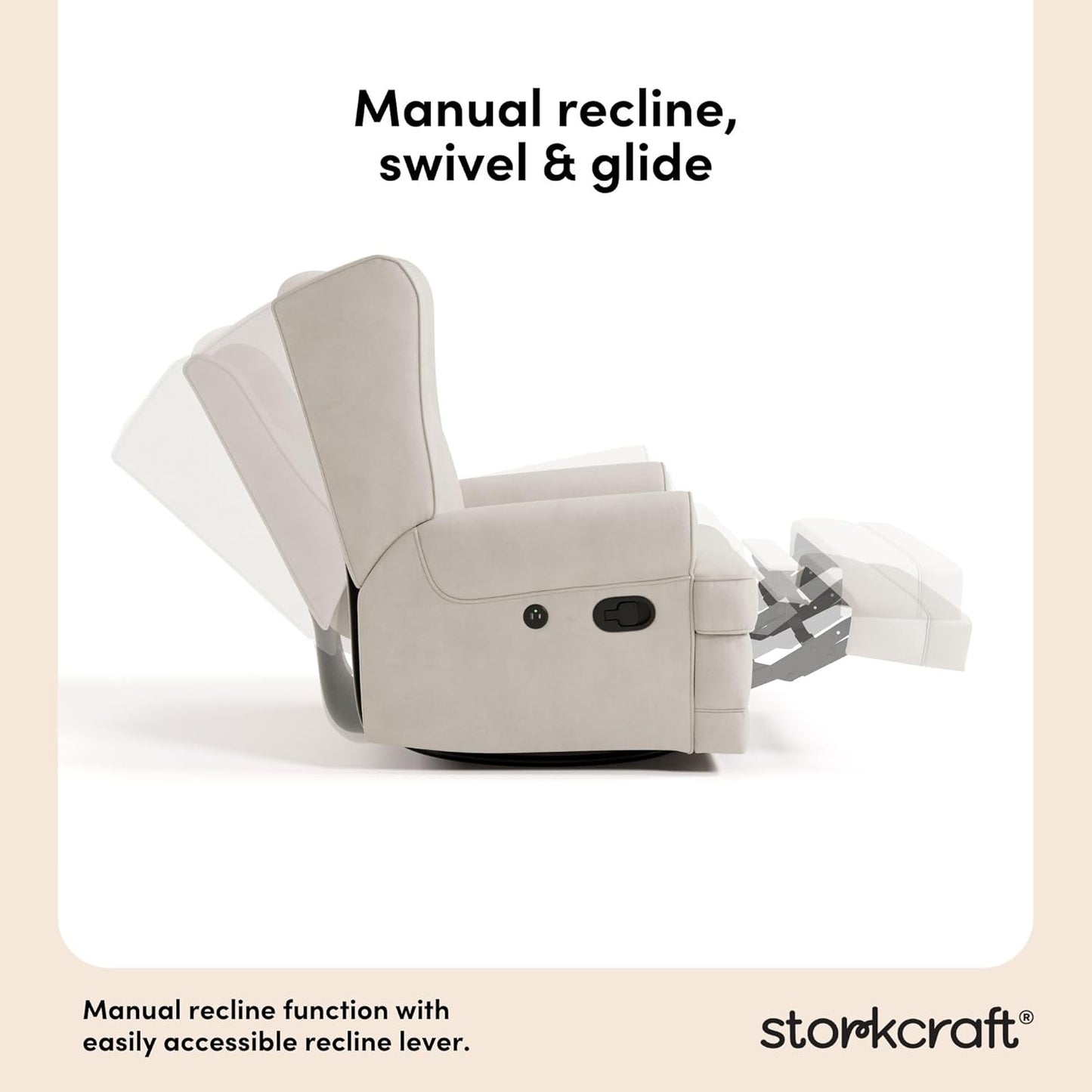 Storkcraft Serenity Glider Recliner Nursery Rocking Chair with USB Charging Port (Ivory) – Premium Upholstered Nursery Glider Recliner with Manual Recline Function, Dual USB Charging