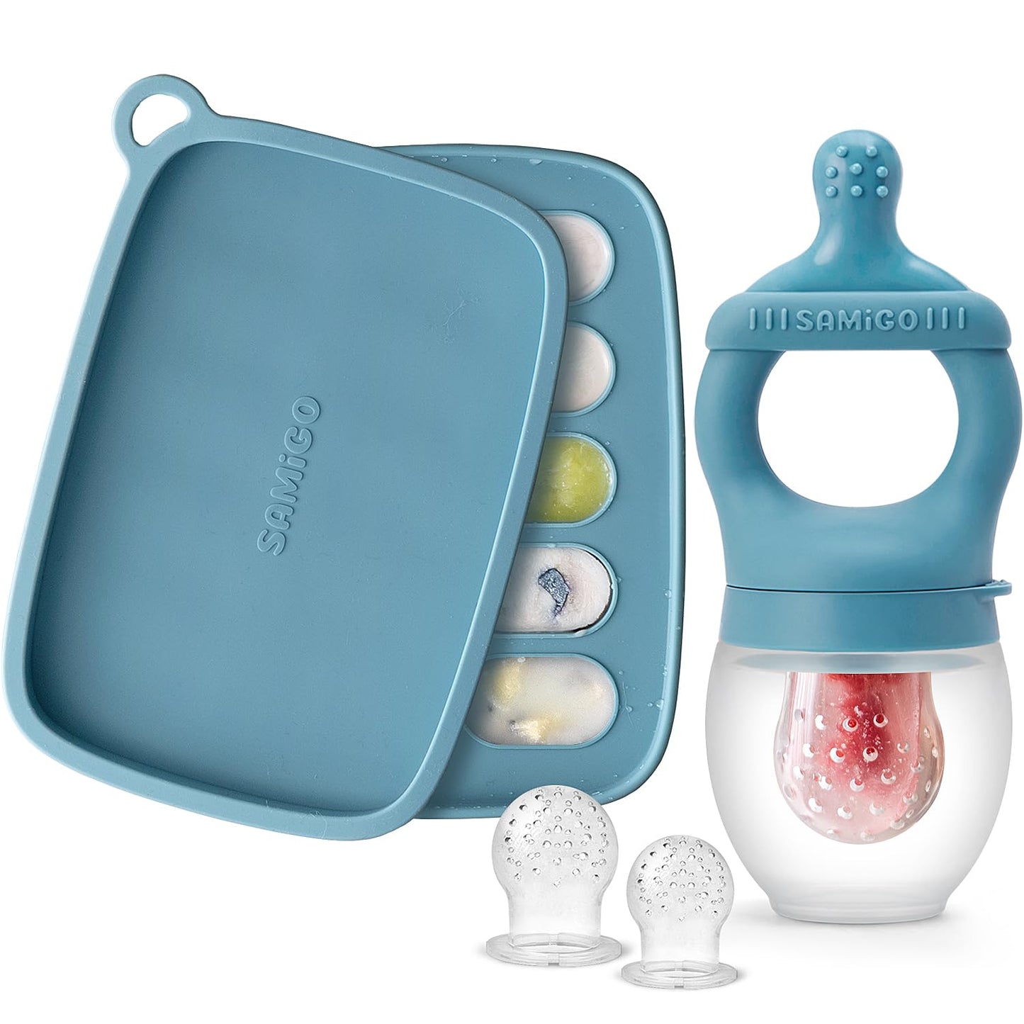 SAMiGO Baby Food Fruit Feeder and Breastmilk Popsicle Mold Set, Silicone Fruit Teether, Food Feeder Pacifier for Teething Relief, Freezer Tray, Baby Feeding Essentials, 4 Months+