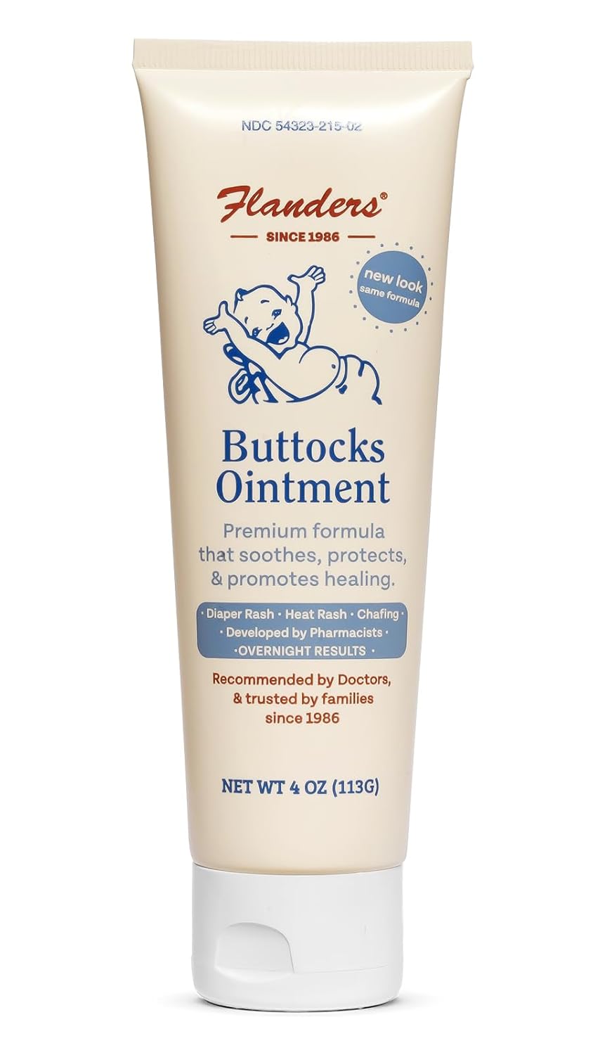 Flanders Buttocks Ointment – Zinc Oxide Diaper Rash Cream, 4oz Tube, Thick Barrier Paste for Baby & Adult Skin, Heat Rash, Chafing & Irritation Relief