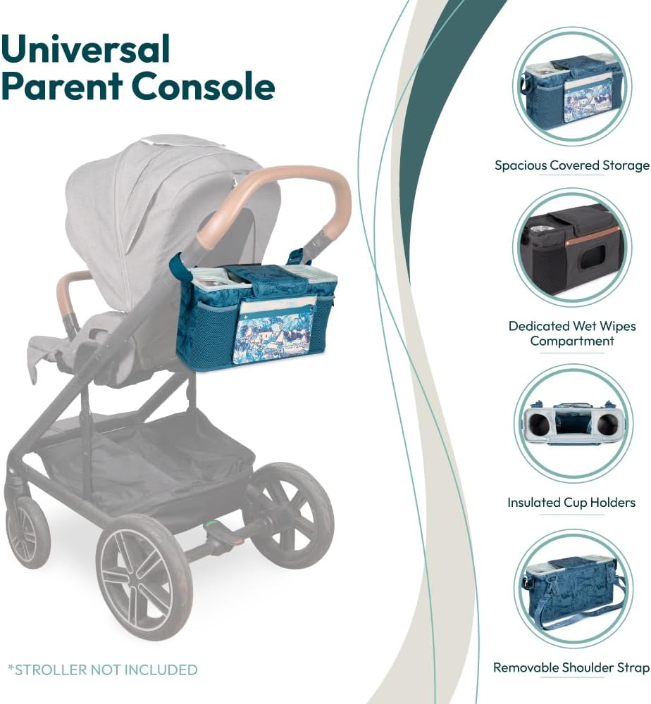 WONDERFOLD Universal Parent Console Stroller Organizer with Insulated Cup Holders, Hook & Loop Closure Handle Attachment, 2 Storage Pockets, Removable Shoulder Strap for Easy Transport