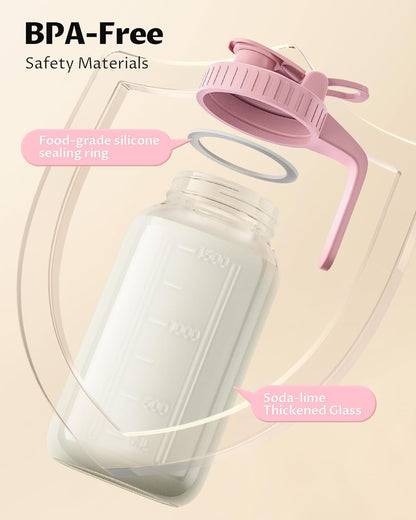 64oz Glass Breast Milk Pitcher with Lid & Pour Spout, 2 Quart Airtight Leakproof BreastMilk Fridge Storage Container - Wide Mouth, Dishwasher Safe Formula Pitcher with Handle