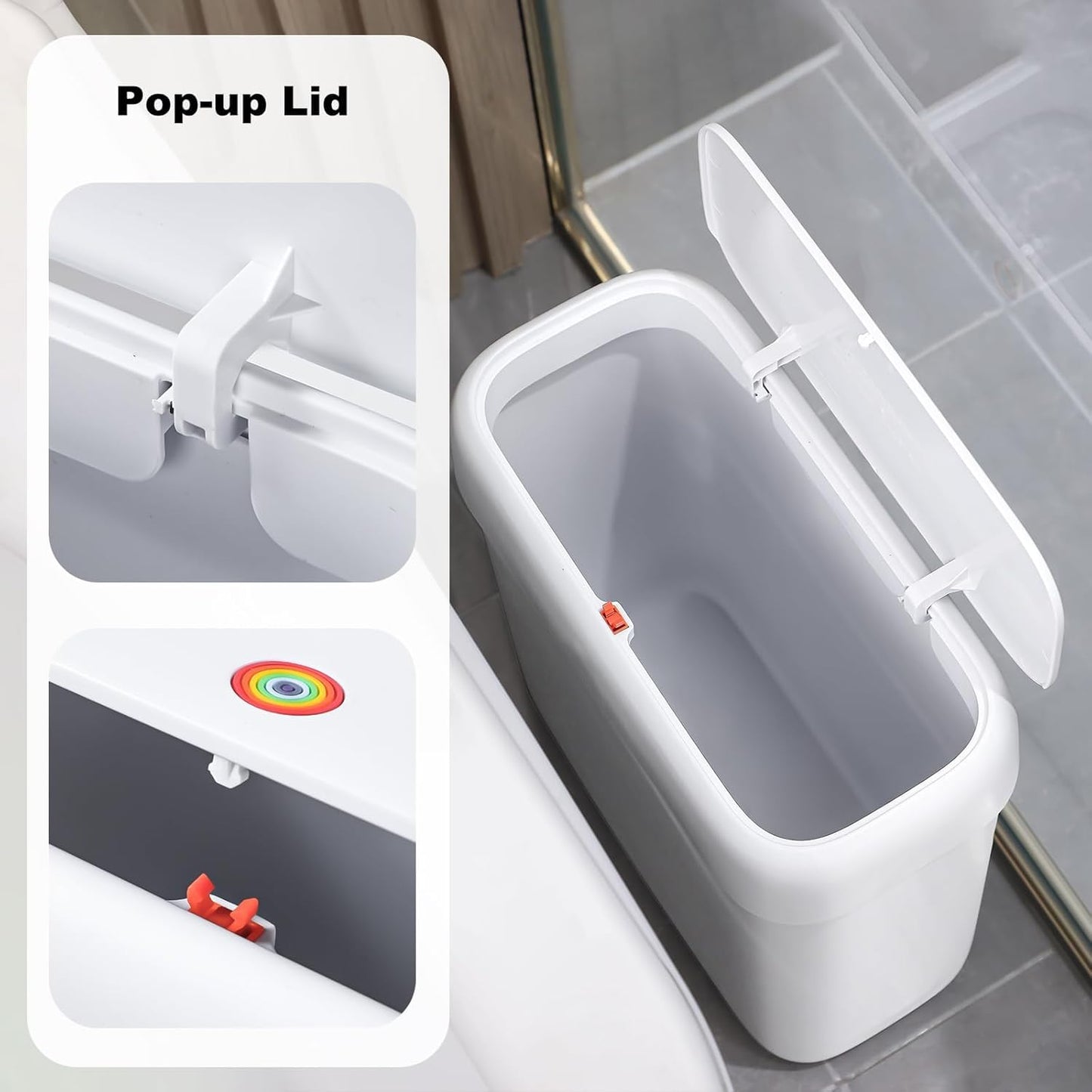 funest Bathroom Trash Cans, Garbage Can with Press Type Lid,10L Dogproof Slim Plastic Narrow Trash Bin