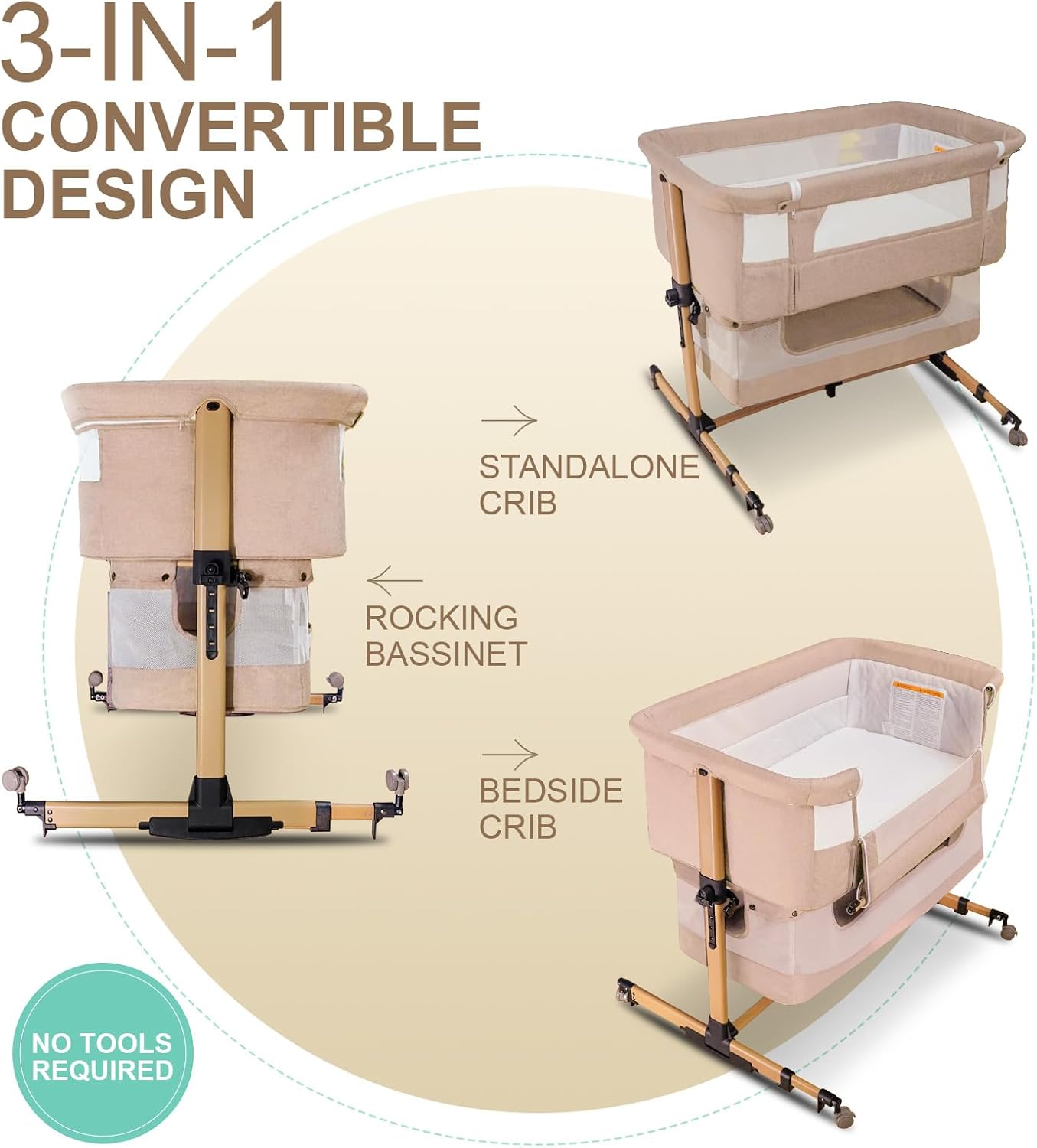 Baby Bassinet, 3 in 1 Infant Bassinet Bedside Sleeper, Bassinet with Cover, Rocking Bedside Bassinet for Baby with Storage Basket, Foldable & Adjustable Travel Crib (Light Pink)