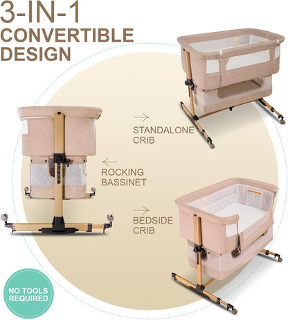 Baby Bassinet, 3 in 1 Infant Bassinet Bedside Sleeper, Bassinet with Cover, Rocking Bedside Bassinet for Baby with Storage Basket, Foldable & Adjustable Travel Crib (Light Pink)