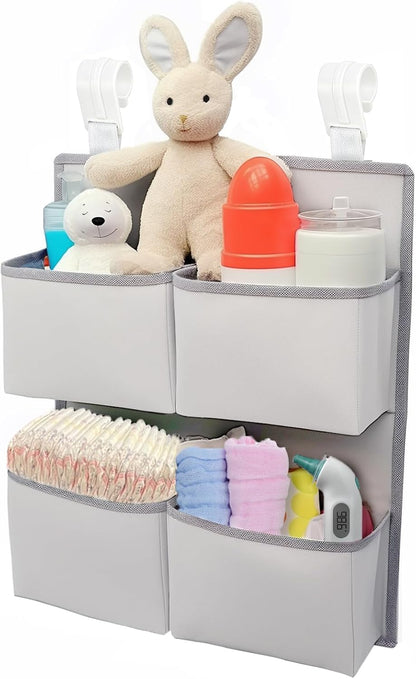 Hanging Diaper Organizer for Crib/Playpen/Bassinet – Hold 80+ Diapers - 4 Deep Pockets-H19in x L15 in Changing Table Diaper Holder - Hanging Diaper Storage Stacker Nursery Caddy - Gray