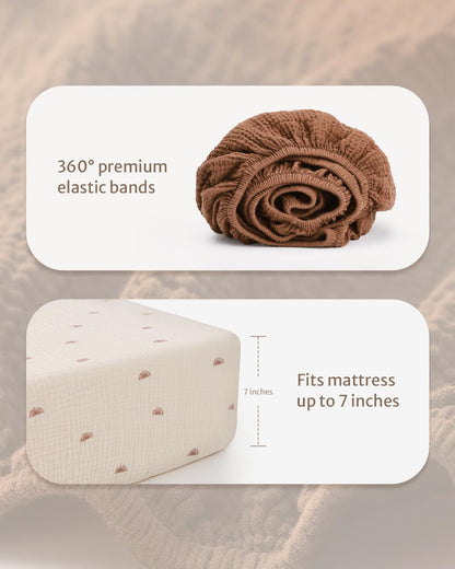 Blissful Diary Muslin Bassinet Sheets for Baby Girls Boys, Boho Soft Cotton Fitted for Oval Hourglass Rectangle Mattress, 2 Pack(Sunshine&Brown)
