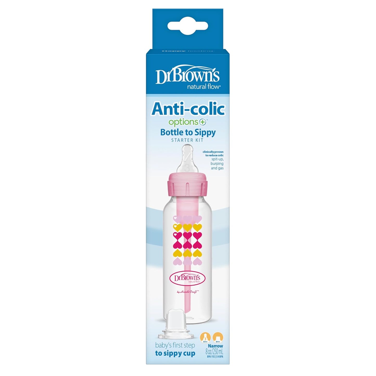 Dr. Brown's Anti-Colic Options+ Narrow Sippy Bottle Starter Kit, 8oz/250mL, with Level 3 Medium-Fast Flow Nipple and Soft 100% Silicone Sippy Spout, Pink, BPA Free, 6m+