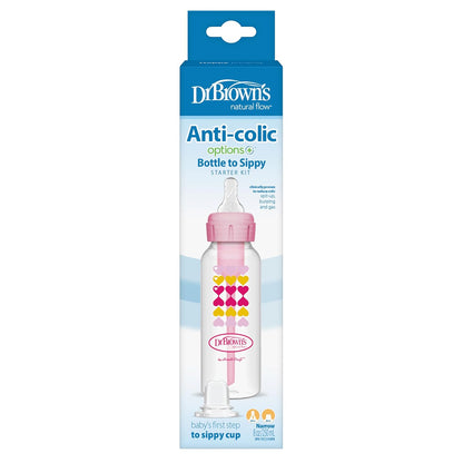 Dr. Brown's Anti-Colic Options+ Narrow Sippy Bottle Starter Kit, 8oz/250mL, with Level 3 Medium-Fast Flow Nipple and Soft 100% Silicone Sippy Spout, Pink, BPA Free, 6m+