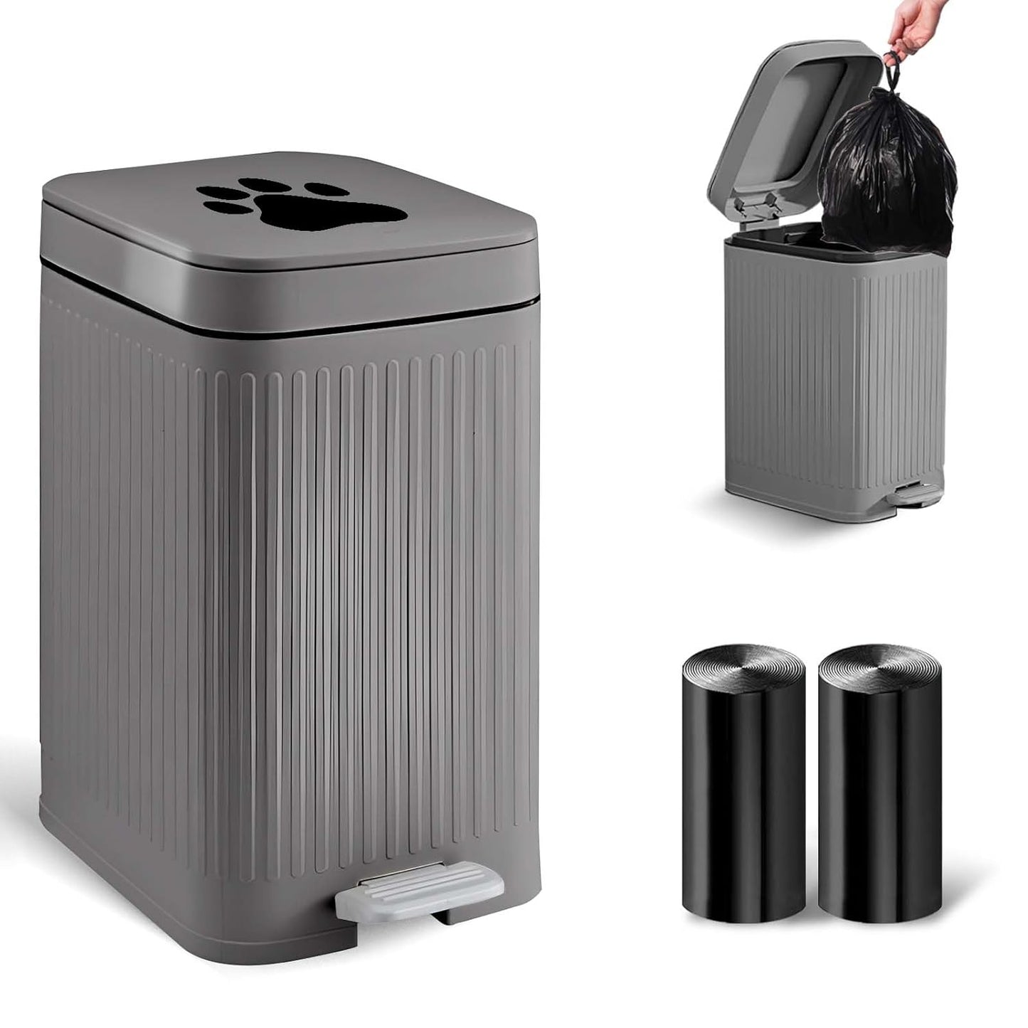 Dog Poop Trash Can Outside, 5L/1.3 Gal Pet Poop Bucket with Lid, Foot Pedal, Dog Waste Container with 40 Bags, Lid Soft Close for Pet, White