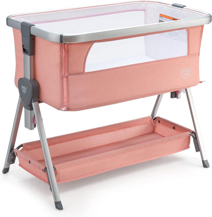 BABY JOY Bedside Bassinet, Portable Baby Crib w/Mattress, Two-Side Breathable Mesh, 7 Height Adjustable, Large Storage, Wheels for Easy Movement, Crib for Newborn Infant, Bassinet for Baby, Pink