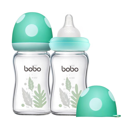YOHKOH Natural Glass Baby Bottle with Level 1 Slow Flow Nipple, Newborn Anti-Colic Baby Bottles, Wide Neck Mushroom Baby Glass Bottle (Multicolour-A, 3.4oz (Pack of 4))