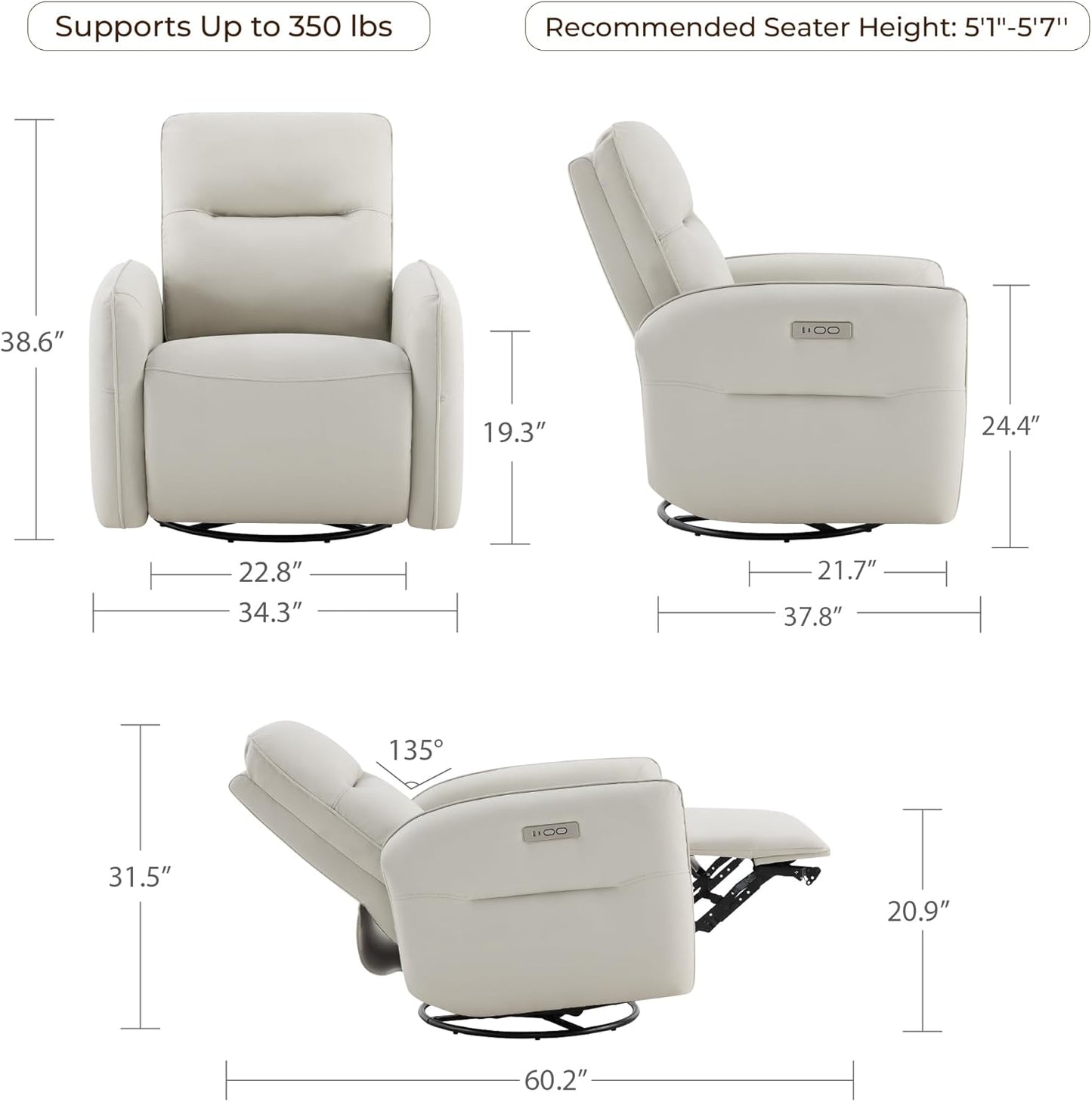 CHITA Power Recliner Chair, Faux Leather Swivel Glider for Adults, Electric Nursery Rocking Chair with USB & Type-C Charging for Living Room, Bedroom, Chocolate Brown