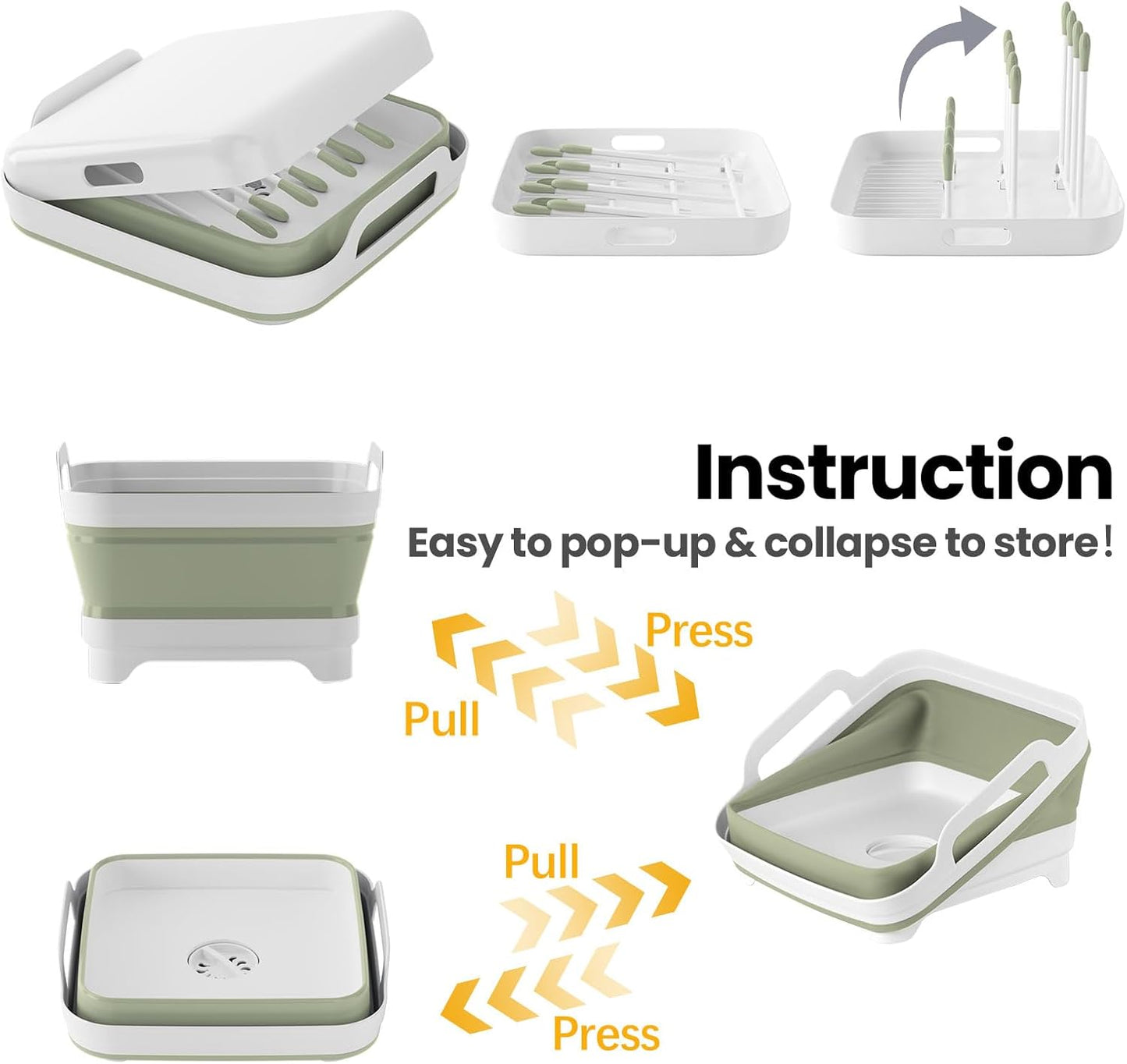 Volnamal Collapsible Wash Basin for Baby Bottles - Portable 2.4 Gallon Dish Tub with Drying Rack & Lid, Foldable Sink for Camping, Outdoor Space-Saving Tub for Kitchen, RV, Camping, Outdoor Use