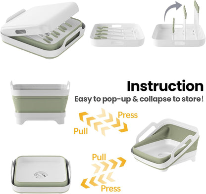 Volnamal Collapsible Wash Basin for Baby Bottles - Portable 2.4 Gallon Dish Tub with Drying Rack & Lid, Foldable Sink for Camping, Outdoor Space-Saving Tub for Kitchen, RV, Camping, Outdoor Use