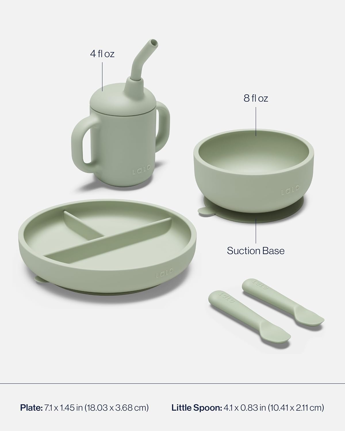 Lalo First Bites Silicone Baby Feeding Set - Baby Led Weaning Supplies - Non-Toxic Silicone - Includes 1 Bib, 2 Spoons, Training Cup, Suction Plate and Bowl - 6 Pieces - Blueberry