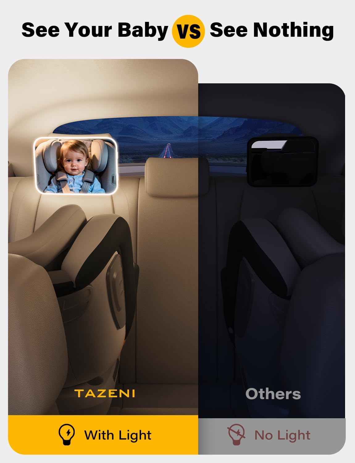 TAZENI Baby Car Mirror - LED Light Baby Car Seat Mirror for Rear Facing with 175° Wide Clear View Anti-Glare, 360° Rotation, Shatterproof, Crash Tested, Safety & Easy Install, espejo para carro bebe
