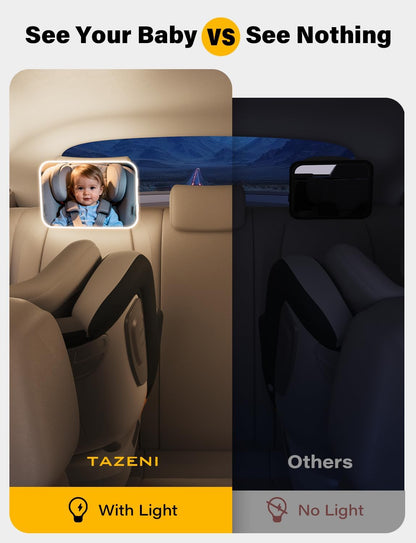TAZENI Baby Car Mirror - LED Light Baby Car Seat Mirror for Rear Facing with 175° Wide Clear View Anti-Glare, 360° Rotation, Shatterproof, Crash Tested, Safety & Easy Install, espejo para carro bebe