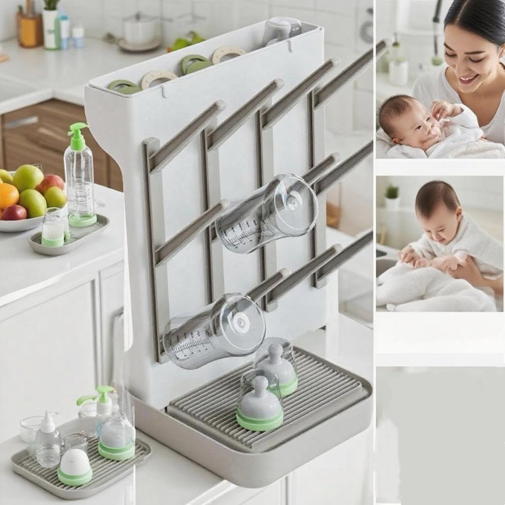 Baby Bottle Drying Rack, Countertop Bottle Dryer, Cup Drying Rack, for 12Pc Bottles and Accessories,Pump Parts,Pacifiers,Vitality Grey,Free small brush for cleaning