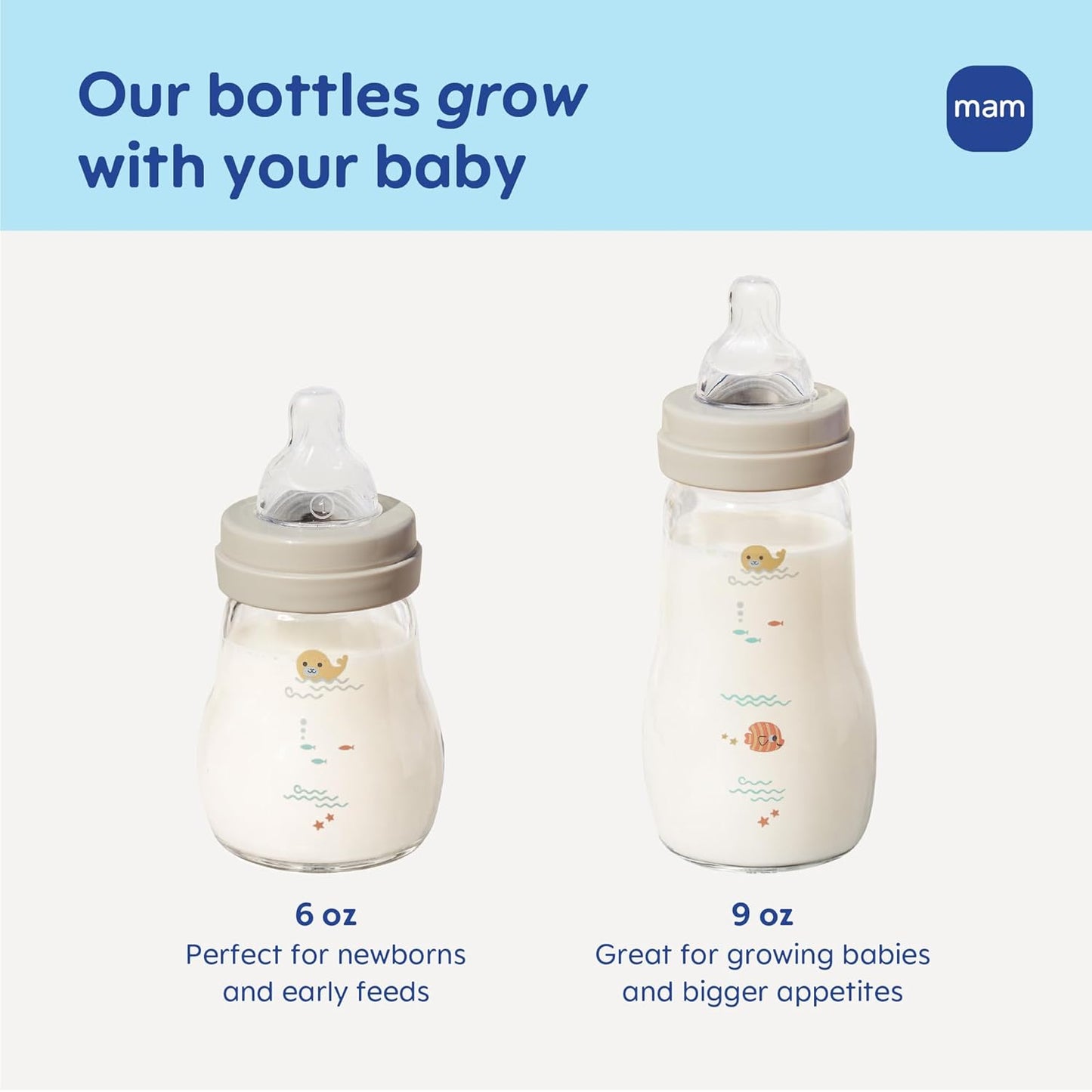 MAM 9oz Feel Good Pure Glass Anti-Colic Wide Neck Baby Bottle, Medium Flow Skin Soft Silicone Nipple, Easy to Clean, BPA Free, 2+ Months, Easy Switch Between Breast & Bottle, Made in Europe, 3 Pack