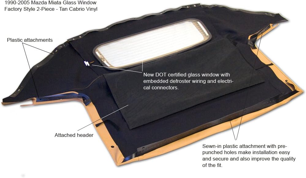 Sierra Auto Tops & Seats Convertible Top for 1990-2005 Mazda Miata MX5 - Black, Cabrio Vinyl - Non-Zippered Replacement with Heated Glass Window - Complete Soft Top in 2 Pieces - No Rain Rail