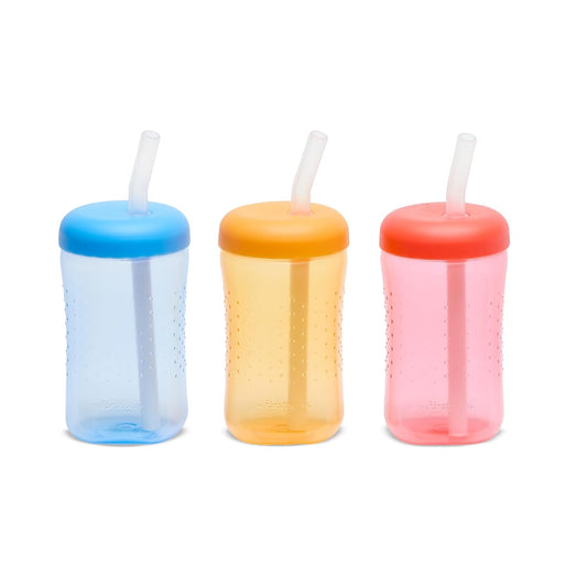 The First Years Squeeze & Sip Toddler Straw Cups - Squeezable Transition Sippy Cup with Silicone Straw - Toddler Feeding Supplies - 7 Oz - 3 Count - Ages 6 Months and Up