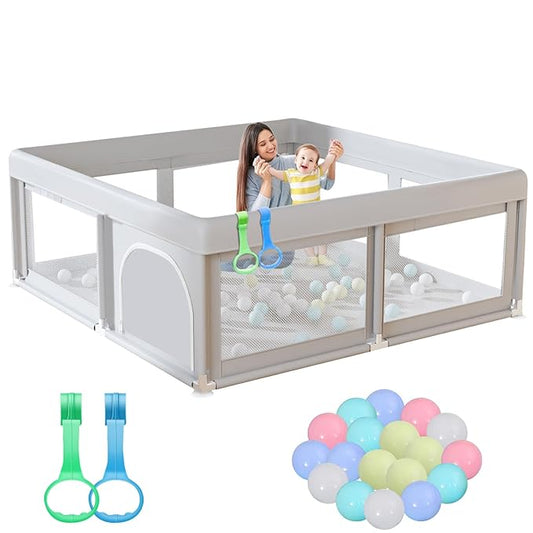 Hiaksedt 50 x 50 inch Baby Playpen with Ocean Balls and Pull Rings, Playpen for Babies and Toddlers, Baby Fence Playards, Safe Structure and Soft, Skin-Friendly Fabric with Zipper Gates.