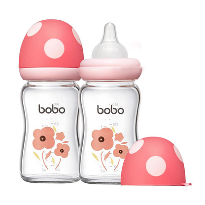 YOHKOH Natural Glass Baby Bottle with Level 1 Slow Flow Nipple, Newborn Anti-Colic Baby Bottles, Wide Neck Mushroom Baby Glass Bottle (Multicolour-A, 3.4oz (Pack of 4))