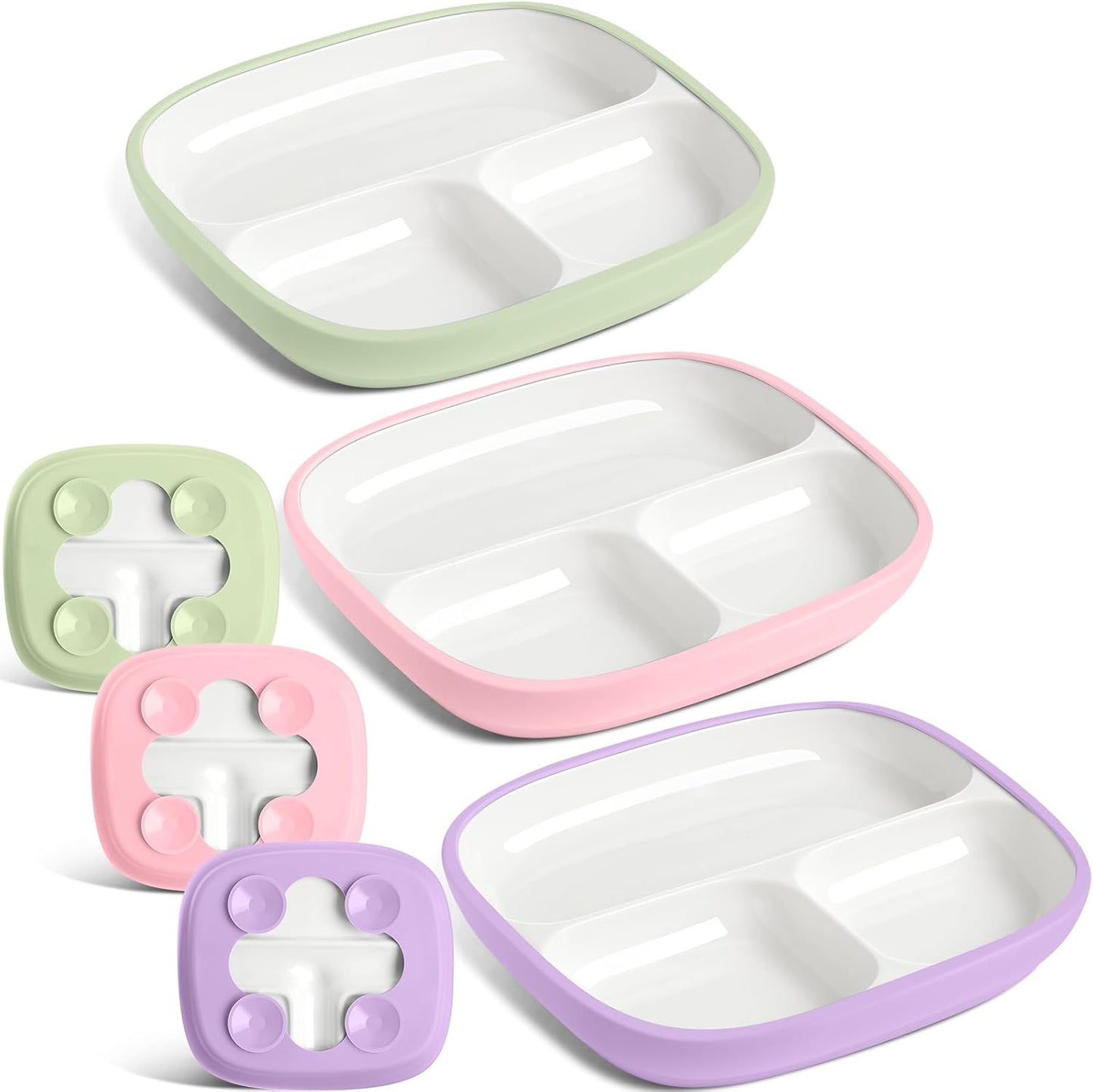 Domensi Kids Porcelain Plates with Silicone Sleeves 8.2 Inch Divided Porcelain Plate Toddler White Suction Dishes for Baby Troubleless Eating Microwave Dishwasher Safe(Stylish,3 Set)