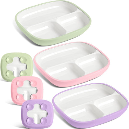 Domensi Kids Porcelain Plates with Silicone Sleeves 8.2 Inch Divided Porcelain Plate Toddler White Suction Dishes for Baby Troubleless Eating Microwave Dishwasher Safe(Stylish,3 Set)