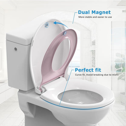 Elongated Toilet Seat with Built in Potty Training Seat, Potty Training Toilet Seat for Toddlers, Magnetic Kids Seat and Cover, Slow Close and Never Loosen, Fits both Adult and Child, White, 19"