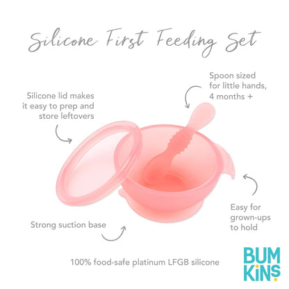Bumkins Baby Bowl, Silicone Feeding Set with Suction for Baby and Toddler, Includes Spoon and Lid, First Feeding Set, Training Essentials for Baby Led Weaning for Babies 4 Months Up, Sage