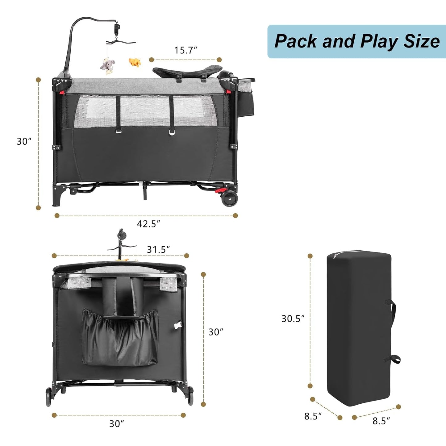 5-in-1 Pack and Play, Baby Bassinet Bedside Sleeper with U-Shaped Diaper Changer, Portable Toddler Playard for Newborn Toddlers, Baby Crib with 4 Adjustable Height, Carry Bag,Easy to Install (Grey)