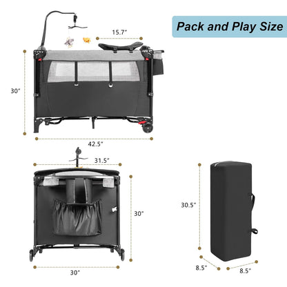 5-in-1 Pack and Play, Baby Bassinet Bedside Sleeper with U-Shaped Diaper Changer, Portable Toddler Playard for Newborn Toddlers, Baby Crib with 4 Adjustable Height, Carry Bag,Easy to Install (Grey)
