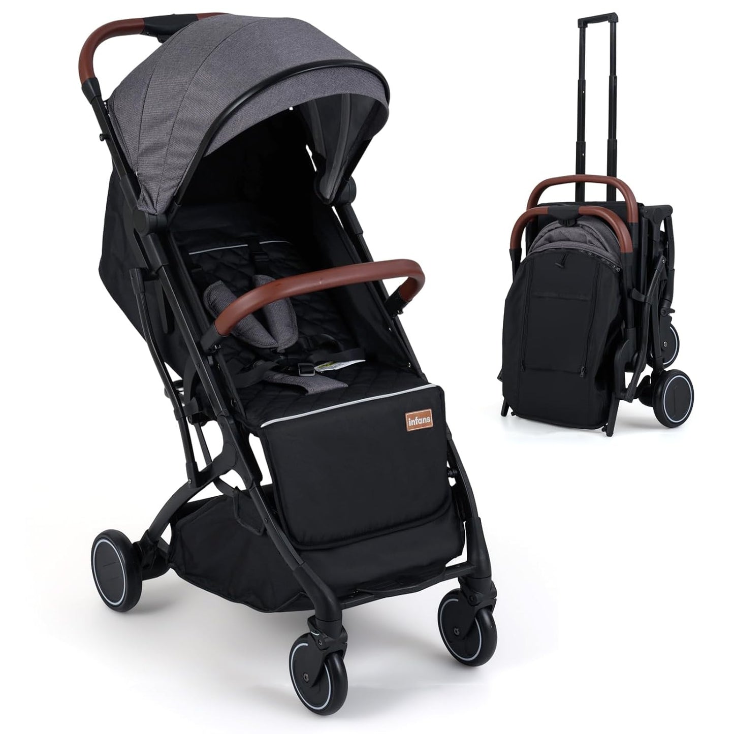 INFANS Travel Stroller, Lightweight Compact Baby Stroller for Airplane with One-Hand Fold, Multi-Position Recline, Canopy, 4 Wheel Suspension, Storage Basket (Grey+Black)