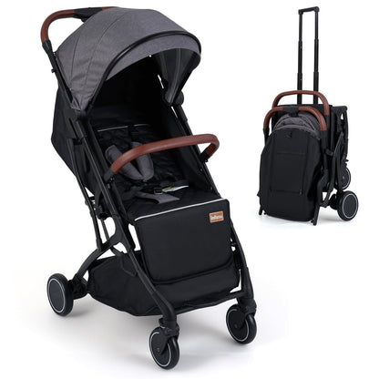 INFANS Travel Stroller, Lightweight Compact Baby Stroller for Airplane with One-Hand Fold, Multi-Position Recline, Canopy, 4 Wheel Suspension, Storage Basket (Grey+Black)