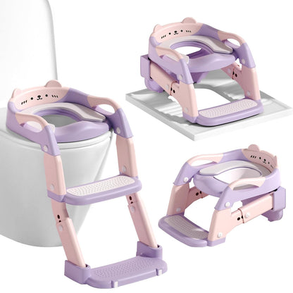 3-in-1 Baby Potty Training Seat with 2 Step Ladder, Splash Guard Anti-Slip Pad, Height Adjustable Toddler Toilet Seat with Soft Cushion for Kids Boys Girls(Grey)