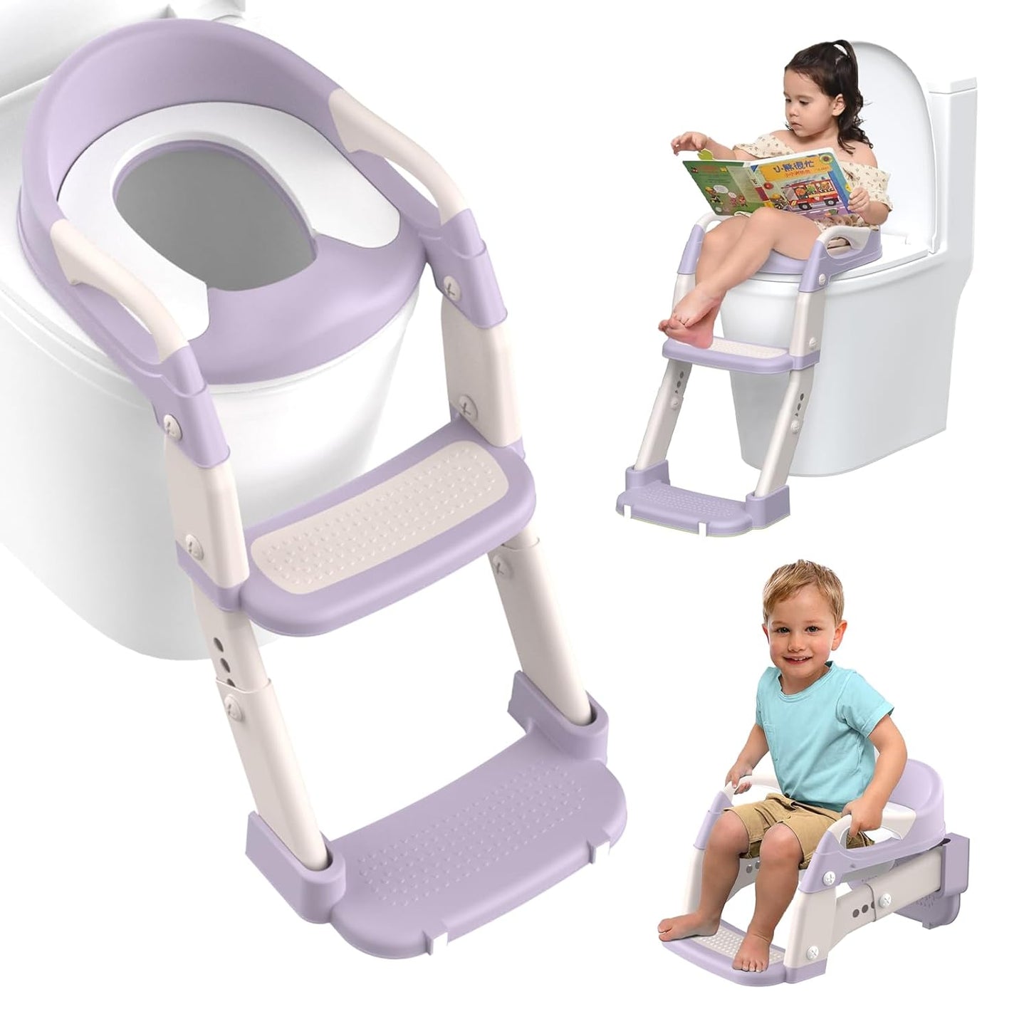 Potty Training Seat, Toddler Potty Training Toilet with Step Stool Ladder for Kids Boys Girls, 3 in 1 Foldable Toilet Seat Potty Chair with Urinals, Splash Guard, Handles, Anti-Slip Pad,Grey