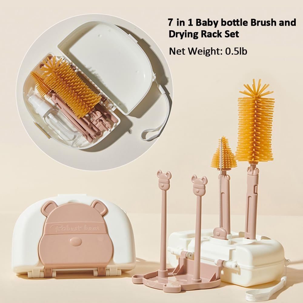 Baby Bottle Drying Rack and Cleaning Set, 7 in 1 Bottle Cleaning Brush Set with Silicone Bottle Brush, Straw Brush, Nipple Brush, Soap Dispenser, Storage Box, Drying Rack for Baby Bottle (Brown)