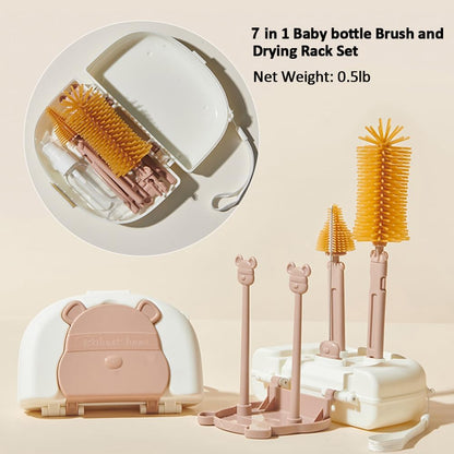 Baby Bottle Drying Rack and Cleaning Set, 7 in 1 Bottle Cleaning Brush Set with Silicone Bottle Brush, Straw Brush, Nipple Brush, Soap Dispenser, Storage Box, Drying Rack for Baby Bottle (Brown)