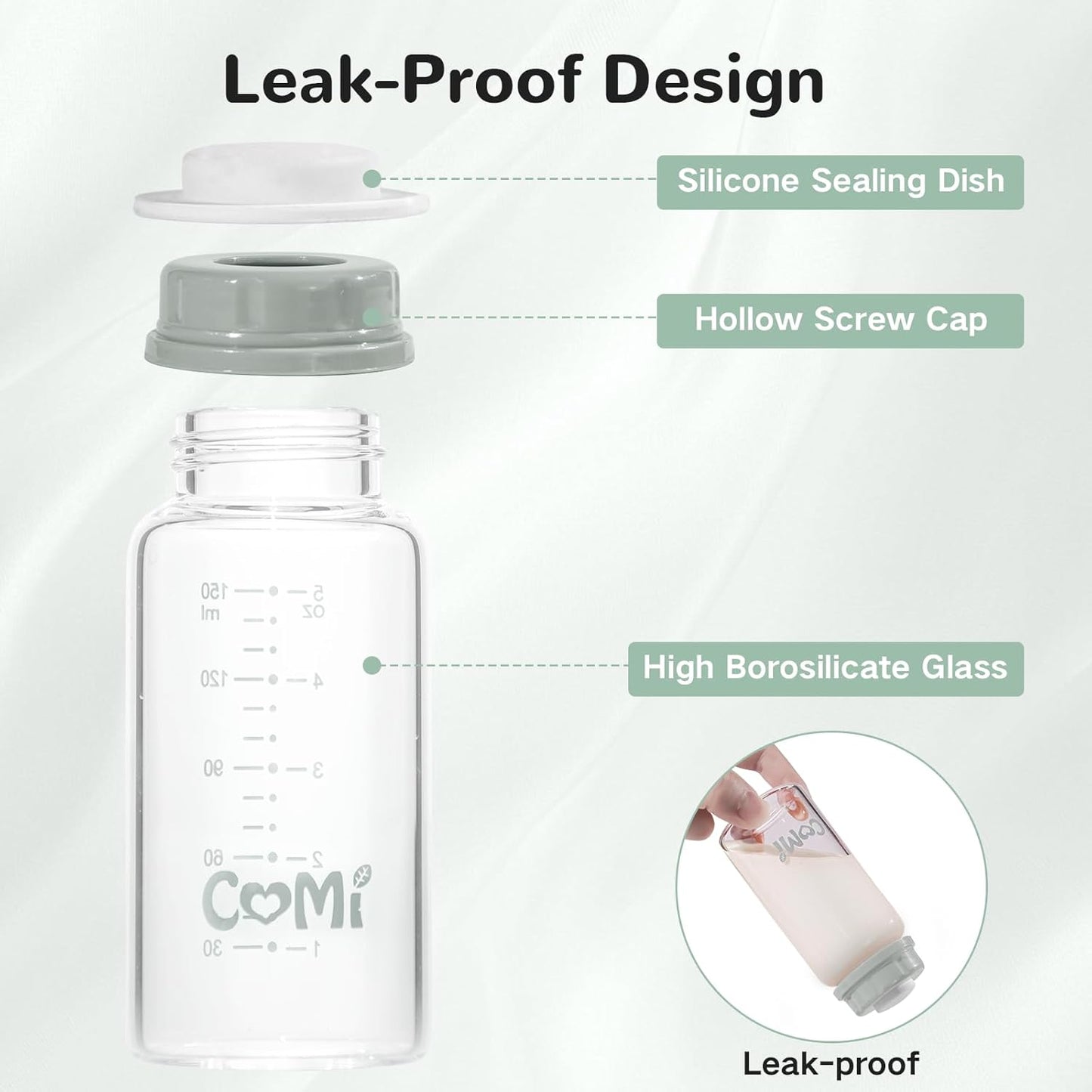 COMI Natural Glass Baby Bottle,Breastmilk Storage Bottle for Fridge,Breast Milk Container,Breast Pump Bottle Compatible with Medela Breast Pump,BPA Free,2PCS (5oz,2 Gray Lids)