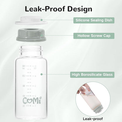 COMI Natural Glass Baby Bottle,Breastmilk Storage Bottle for Fridge,Breast Milk Container,Breast Pump Bottle Compatible with Medela Breast Pump,BPA Free,2PCS (5oz,2 Gray Lids)
