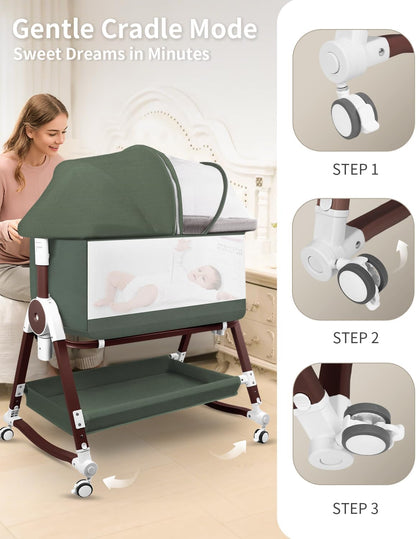 suihuooo 4 in 1 Baby Bassinet, Bassinets Bedside Sleeper with Wheels and Storage Basket, Adjustable 7 Heights Bedside Sleeper with Mosquito Net, Breathable Mesh Rocking Bassinet for Baby