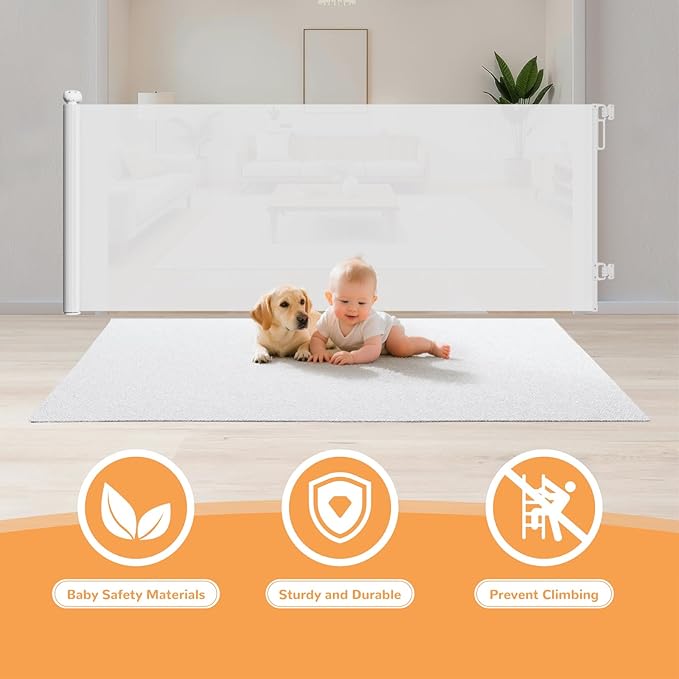 Retractable Baby Gate - 55" Wide x 34" Tall Retractable Mesh Gate with Anti-Crawl Hook, Adjustable Baseboard Bracket, Pet Gate for Stairs and Doorways, Hallways, Kitchen, White