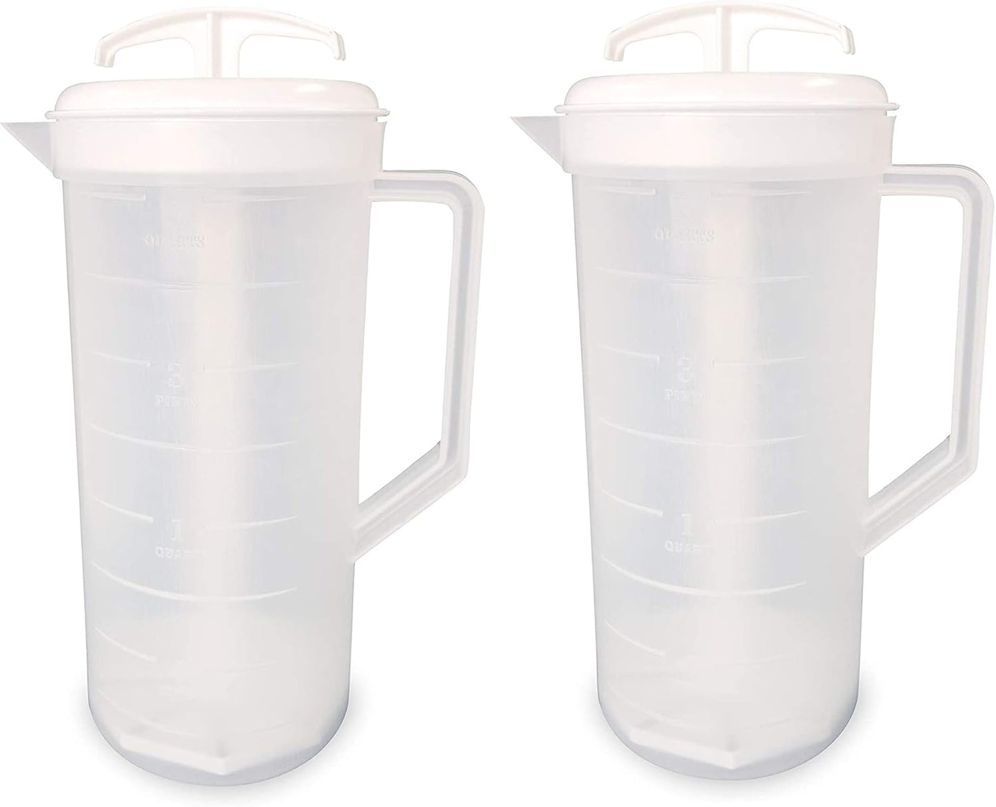 JBK Pottery 2-Quart White Mixing Pitcher with Plunger – BPA-Free Plastic Mixing Jug for Juice, Milk, Tea, Shakes, and More – Dishwasher-Safe, Spill-Proof Lid, Smart Stirring Design