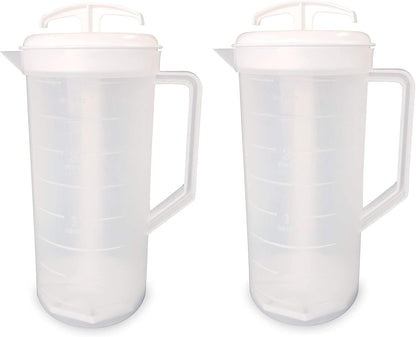 JBK Pottery 2-Quart White Mixing Pitcher with Plunger – BPA-Free Plastic Mixing Jug for Juice, Milk, Tea, Shakes, and More – Dishwasher-Safe, Spill-Proof Lid, Smart Stirring Design