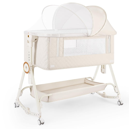 Baby Bassinet 5 in 1,Baby Bedside Bassinet with Diaper Changer, Mosquito Net, Mattress, Storage Layer, Can Be Stored in One Button Travel Crib (Beige)