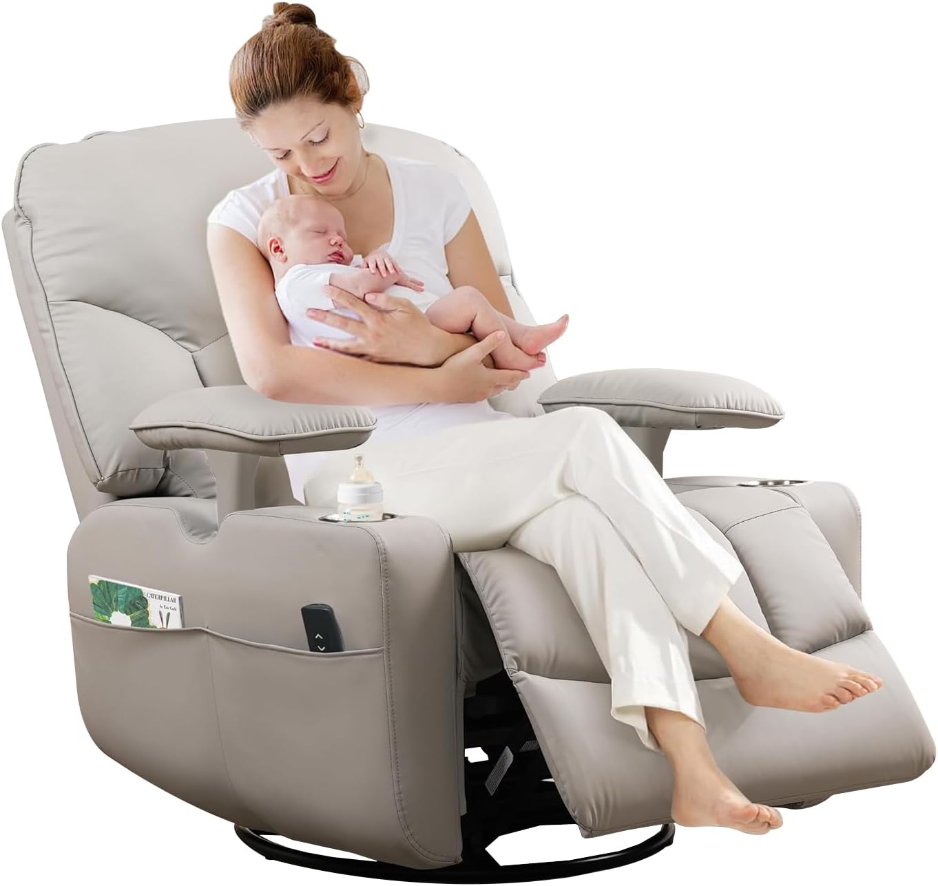 GRAINELL Oversize Power Swivel Recliner, 40in Wide Electric Glider Rocking Chair with Headrest Adjustment, USB Port, 270° Swivel, Rock 30° – for Living Room, Nursery, Black (5" 7' to 6" 1' Height)