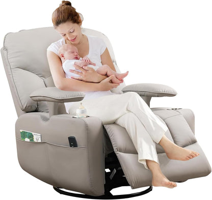 GRAINELL Oversize Power Swivel Recliner, 40in Wide Electric Glider Rocking Chair with Headrest Adjustment, USB Port, 270° Swivel, Rock 30° – for Living Room, Nursery, Black (5" 7' to 6" 1' Height)